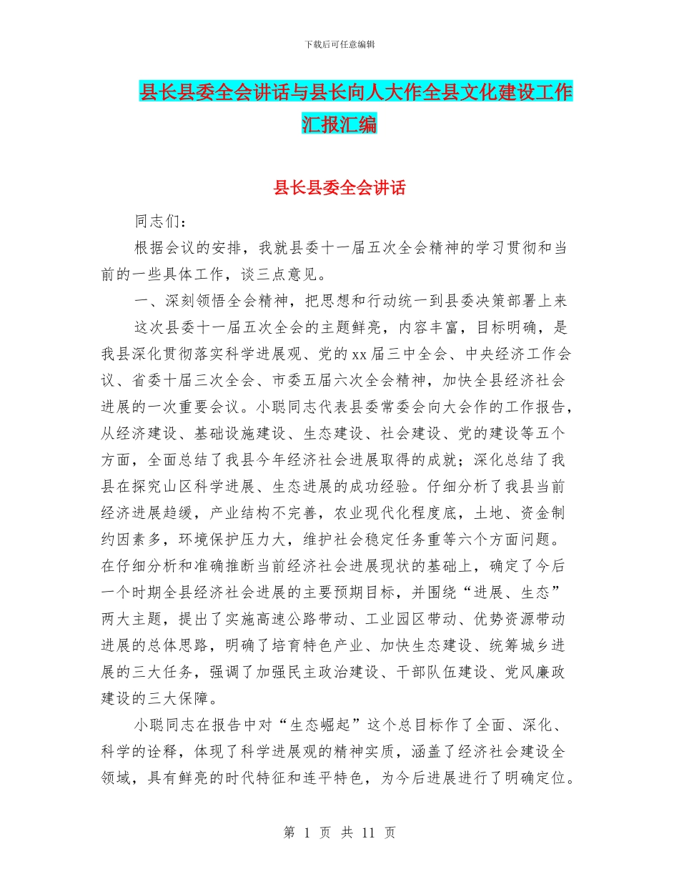 县长县委全会讲话与县长向人大作全县文化建设工作汇报汇编_第1页