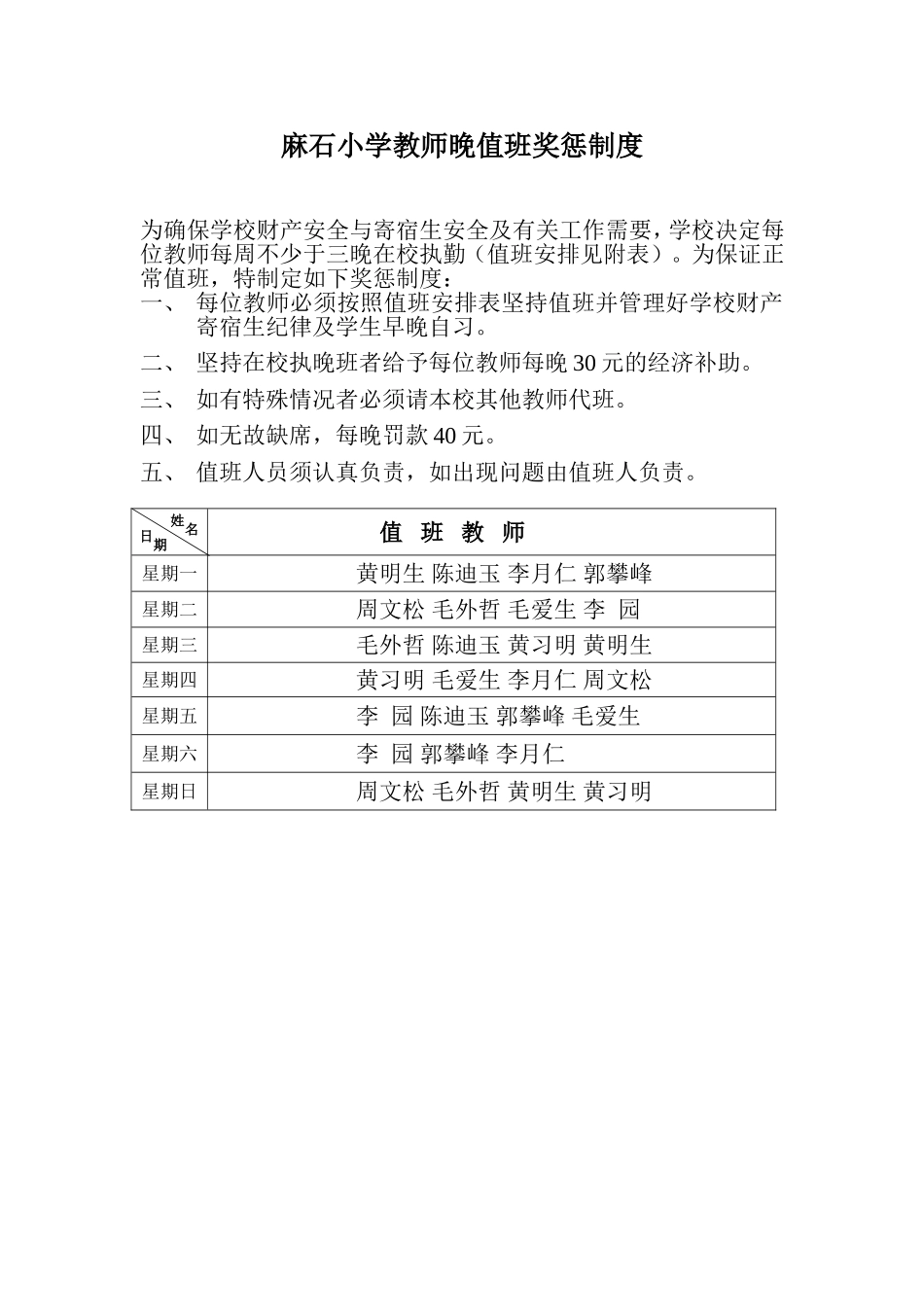 麻石小学教师晚值班奖惩制度_第1页