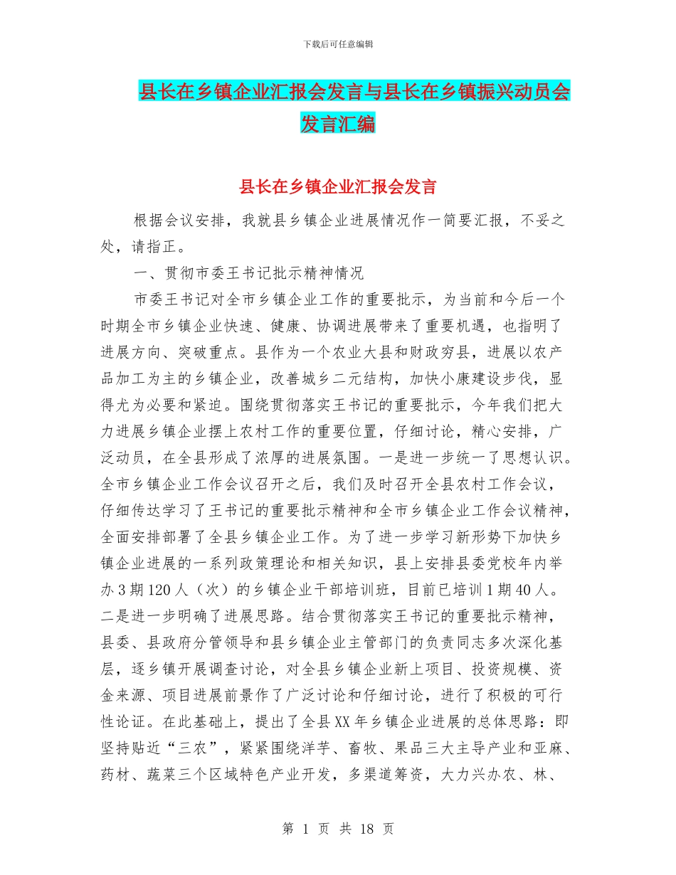 县长在乡镇企业汇报会发言与县长在乡镇振兴动员会发言汇编_第1页