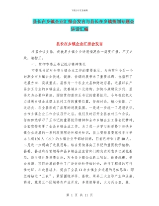 县长在乡镇企业汇报会发言与县长在乡镇规划专题会讲话汇编