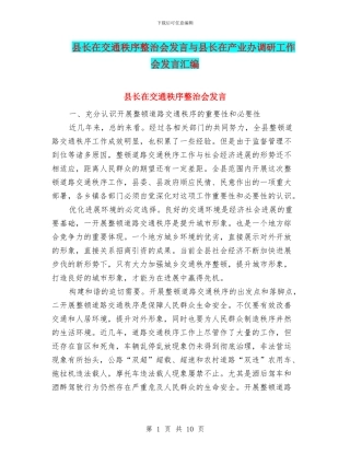 县长在交通秩序整治会发言与县长在产业办调研工作会发言汇编