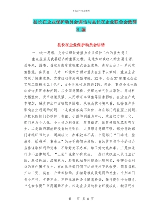 县长在企业保护动员会讲话与县长在企业联合会致辞汇编