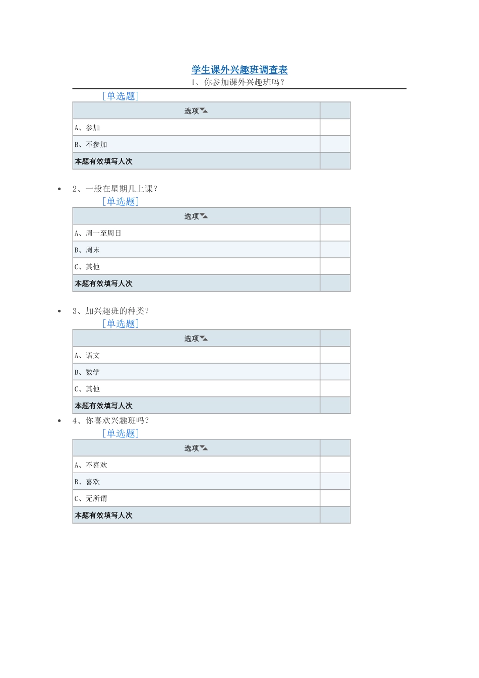 学生课外兴趣班调查表_第1页