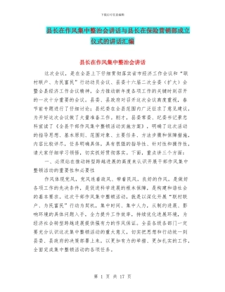 县长在作风集中整治会讲话与县长在保险营销部成立仪式的讲话汇编