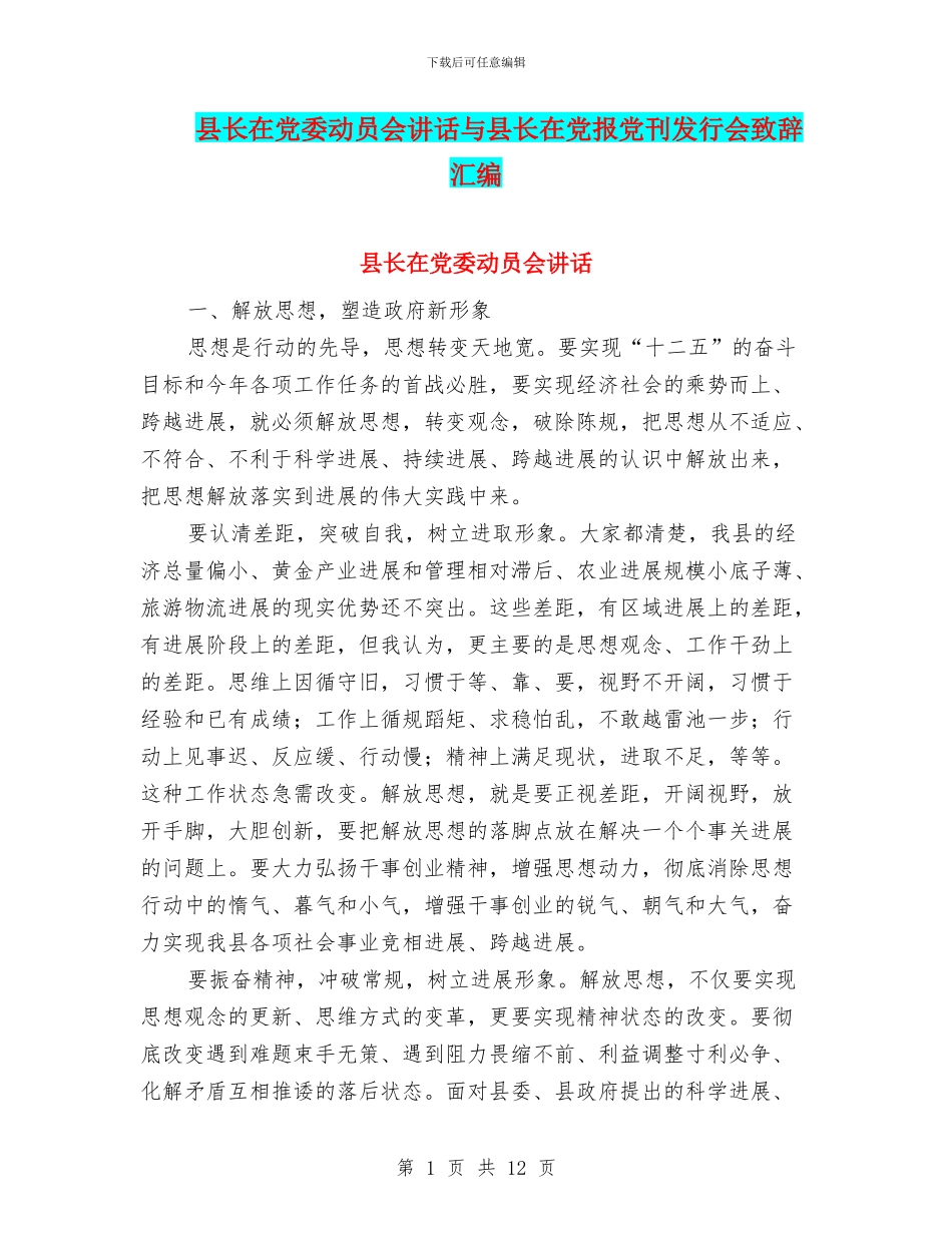 县长在党委动员会讲话与县长在党报党刊发行会致辞汇编_第1页