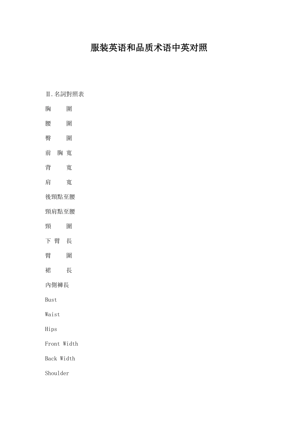 服装英语和品质术语中英对照doc22(1)_第1页