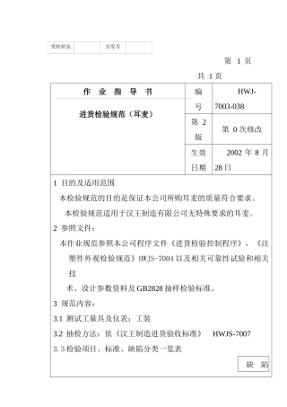 某电子公司进货检验规作业指导书(耳麦）