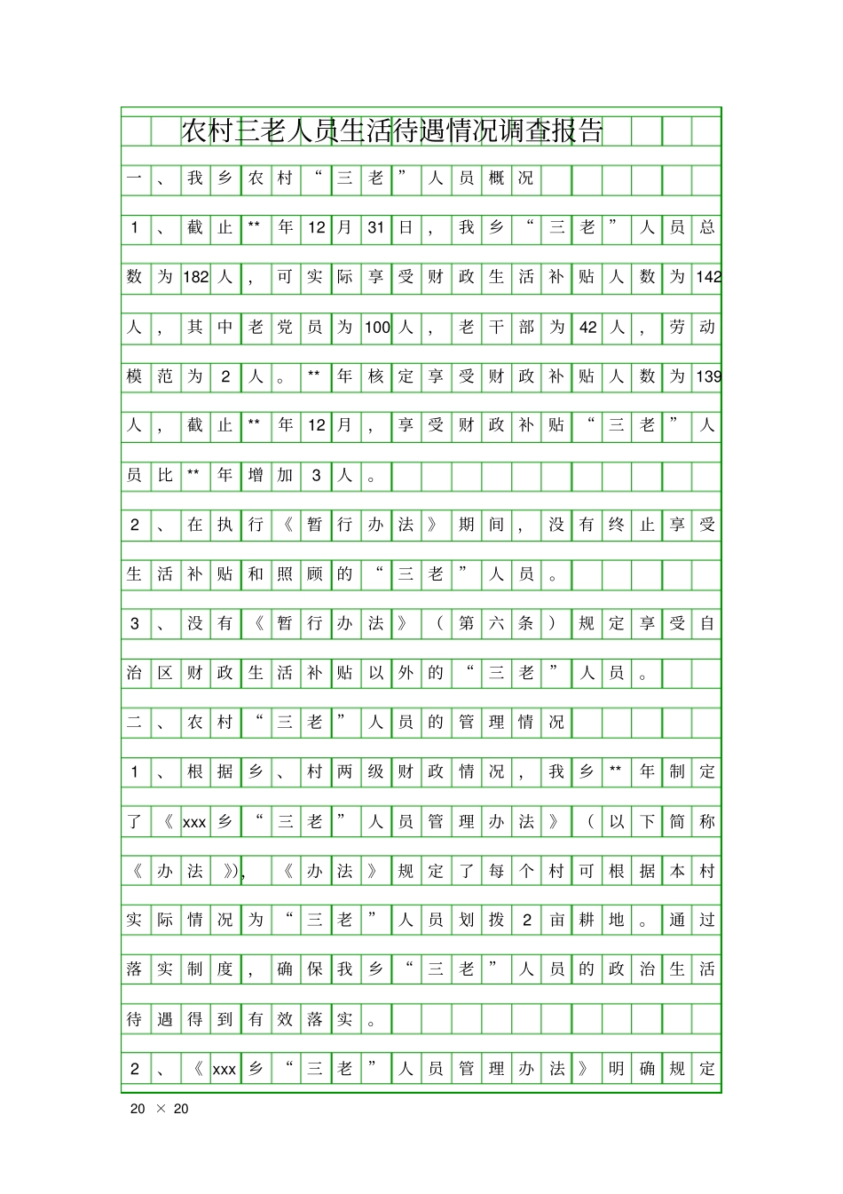 农村三老人员生活待遇情况调查报告精品工作报告_第1页