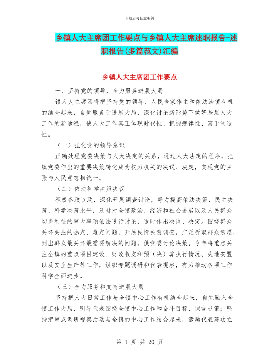 乡镇人大主席团工作要点与乡镇人大主席述职报告_第1页