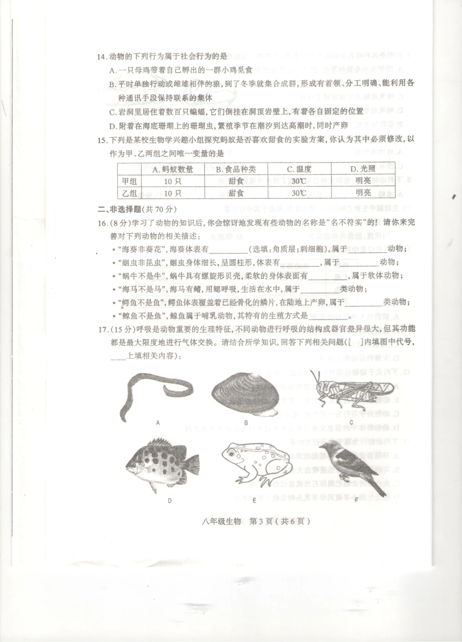山西省太原市 八年级生物上学期期中试卷(pdf) 新人教版试卷_第3页