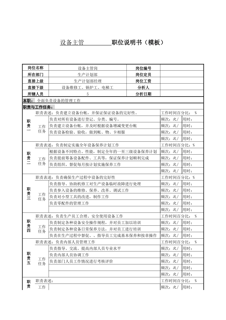 某服装生产企业生产部设备主管职位说明书_第1页