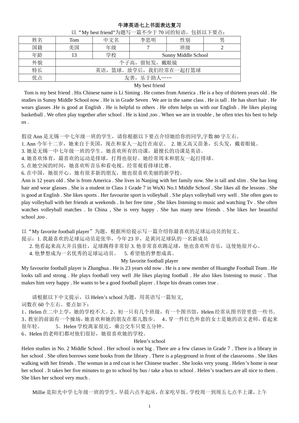 牛津英语七上书面表达复习_第1页