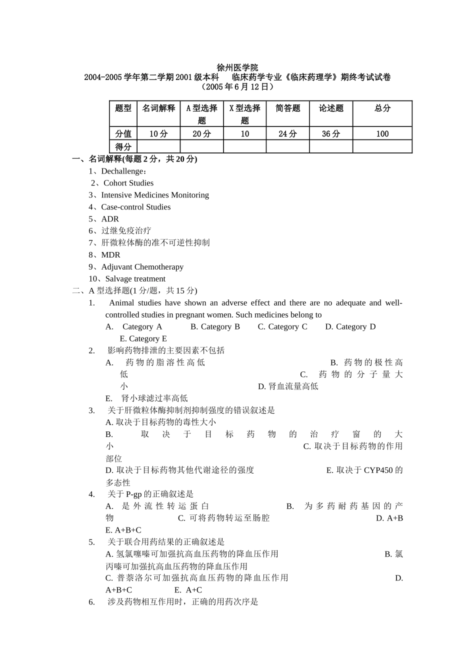 临床药学专业《临床药理学》期终考试试卷(XXXX年6月12日)_第1页