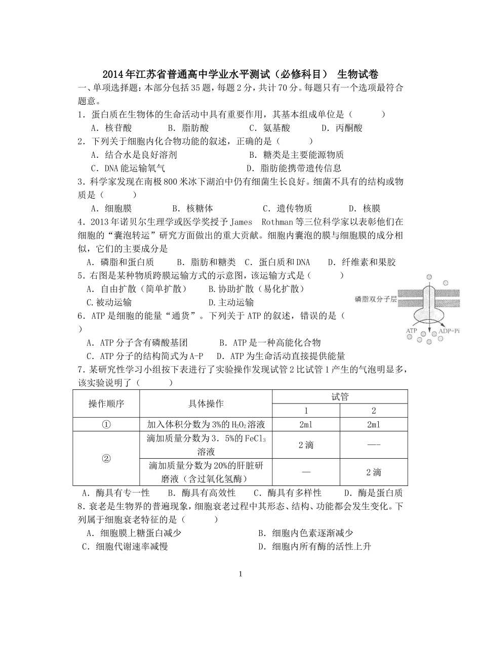 2014年江苏省学业水平测试生物试卷(含答案)_第1页