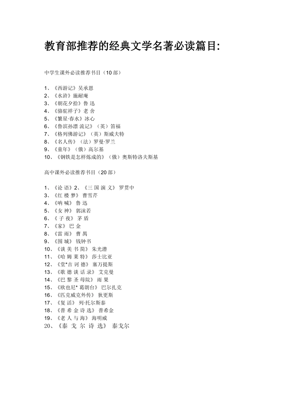 教育部推荐的经典文学名著必读篇目_第1页