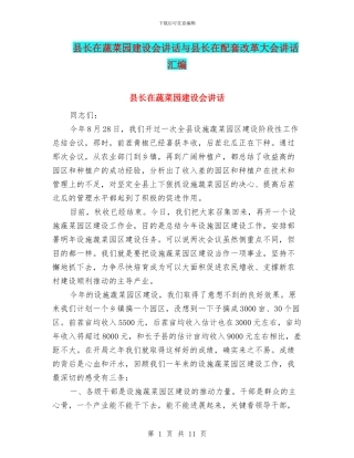 县长在蔬菜园建设会讲话与县长在配套改革大会讲话汇编