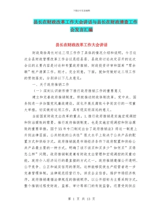 县长在财政改革工作大会讲话与县长在财政清查工作会发言汇编