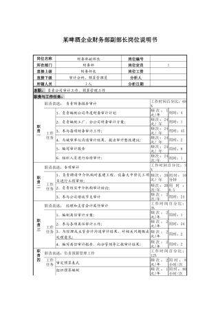 某啤酒企业财务部副部长岗位说明书.