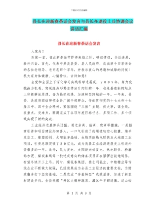 县长在迎新春茶话会发言与县长在退役士兵协调会议讲话汇编