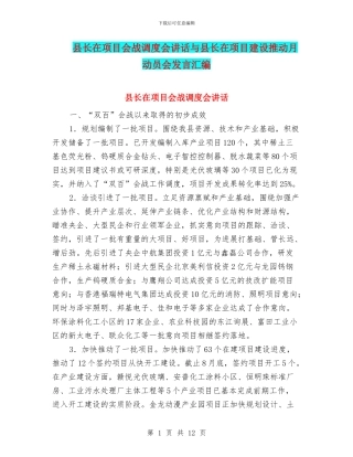 县长在项目会战调度会讲话与县长在项目建设推进月动员会发言汇编