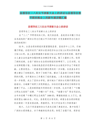 县领导在三八妇女节表彰大会上的讲话与县领导在春节联欢晚会上的新年演讲稿汇编