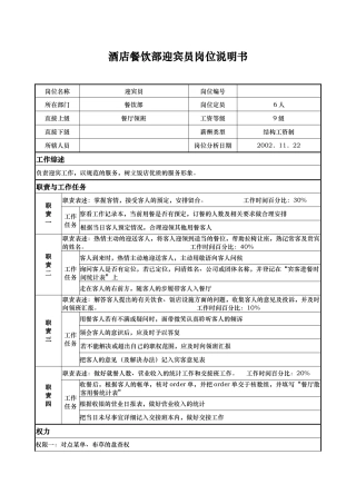 酒店餐饮部迎宾员岗位说明书