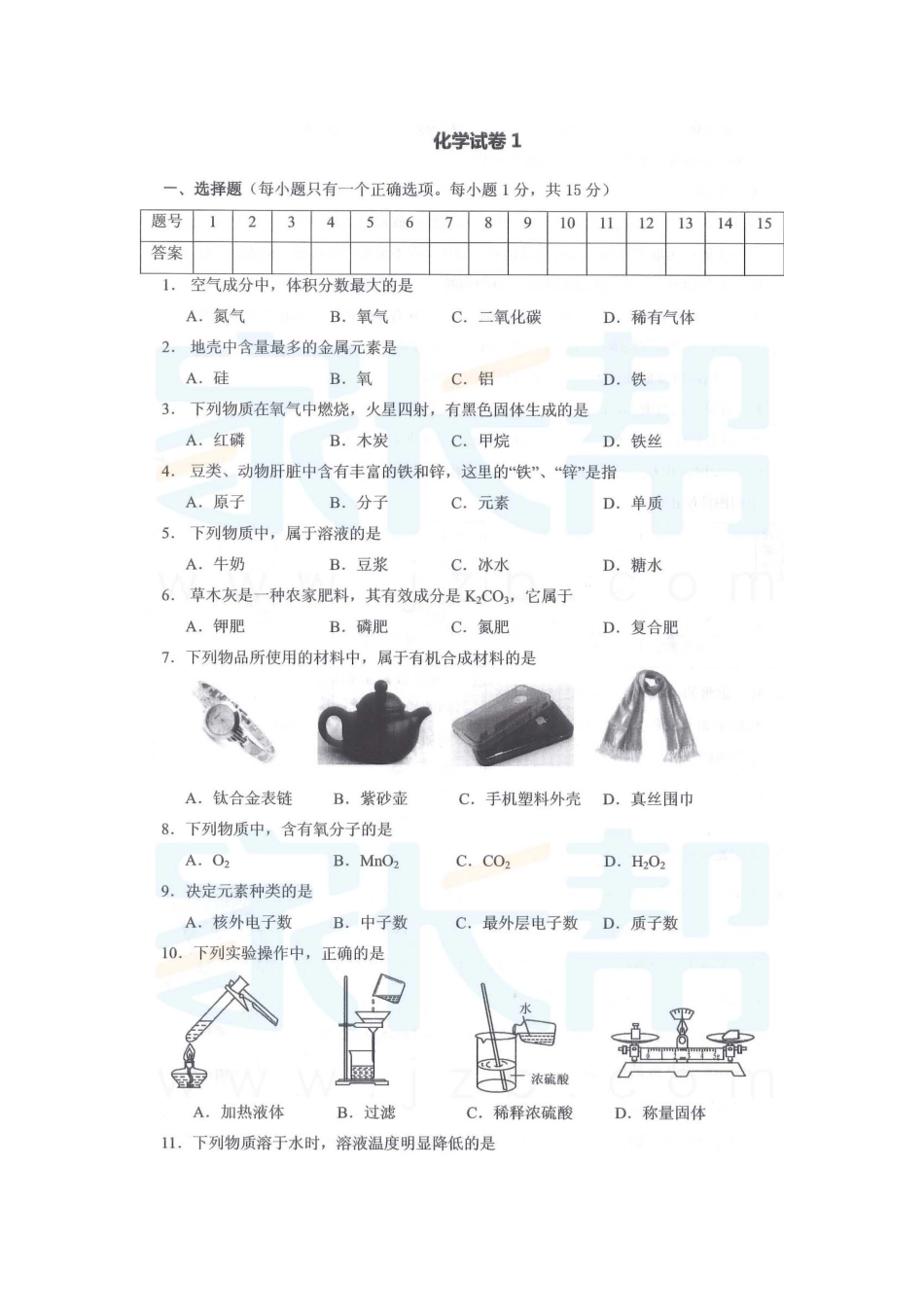 长沙市一中高一理科实验班考试化学_第1页