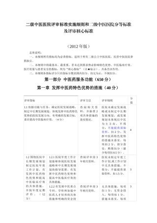 中医医院评审标准实施细则和二级中医医院分等标准及