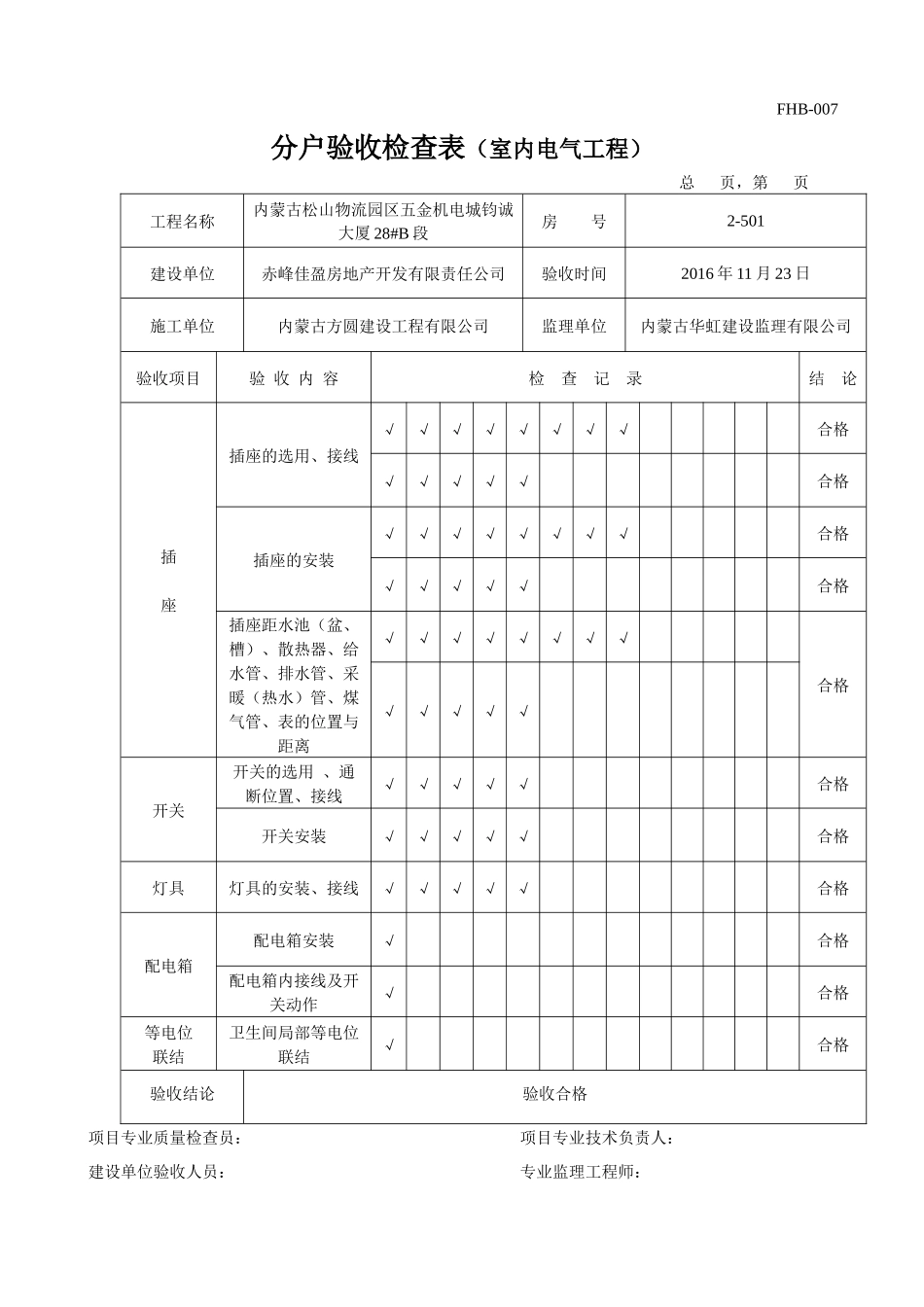 分户验收检查表(室内电气工程)_第1页