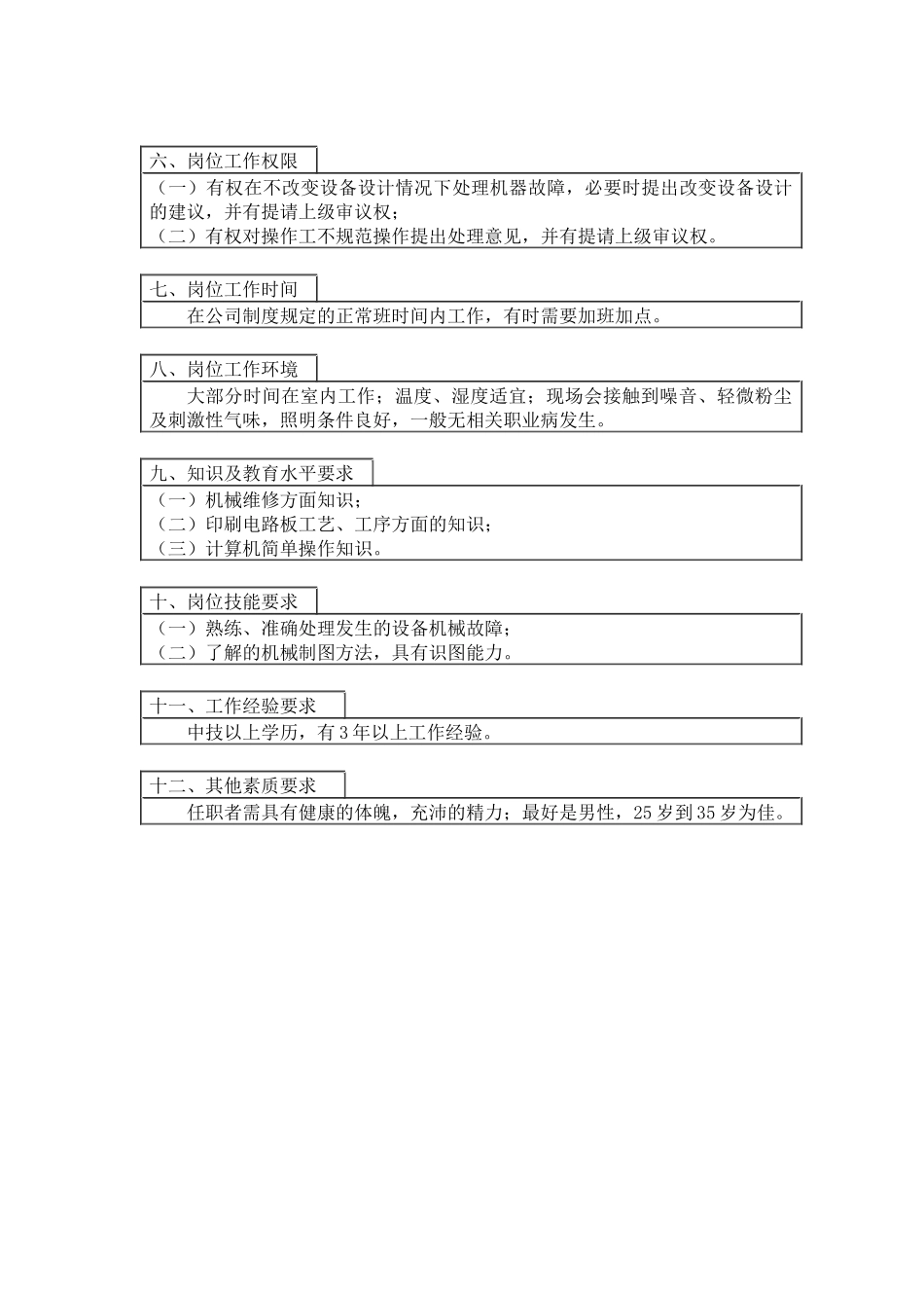 【职位描述】机械维修工岗位工作说明书_第2页
