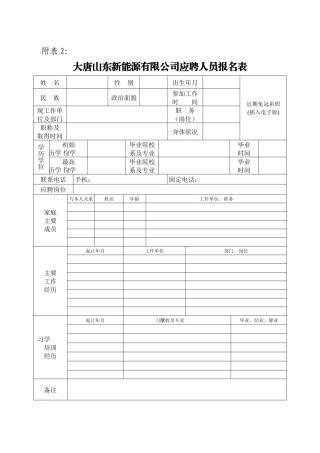 2大唐山东新能源有限公司应聘人员报名表-大唐山东新能源有