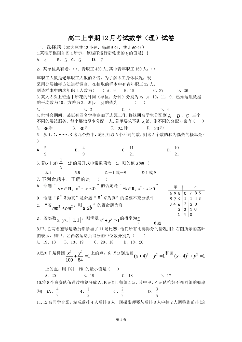 高二上学期12月考试数学（理）试卷_第1页