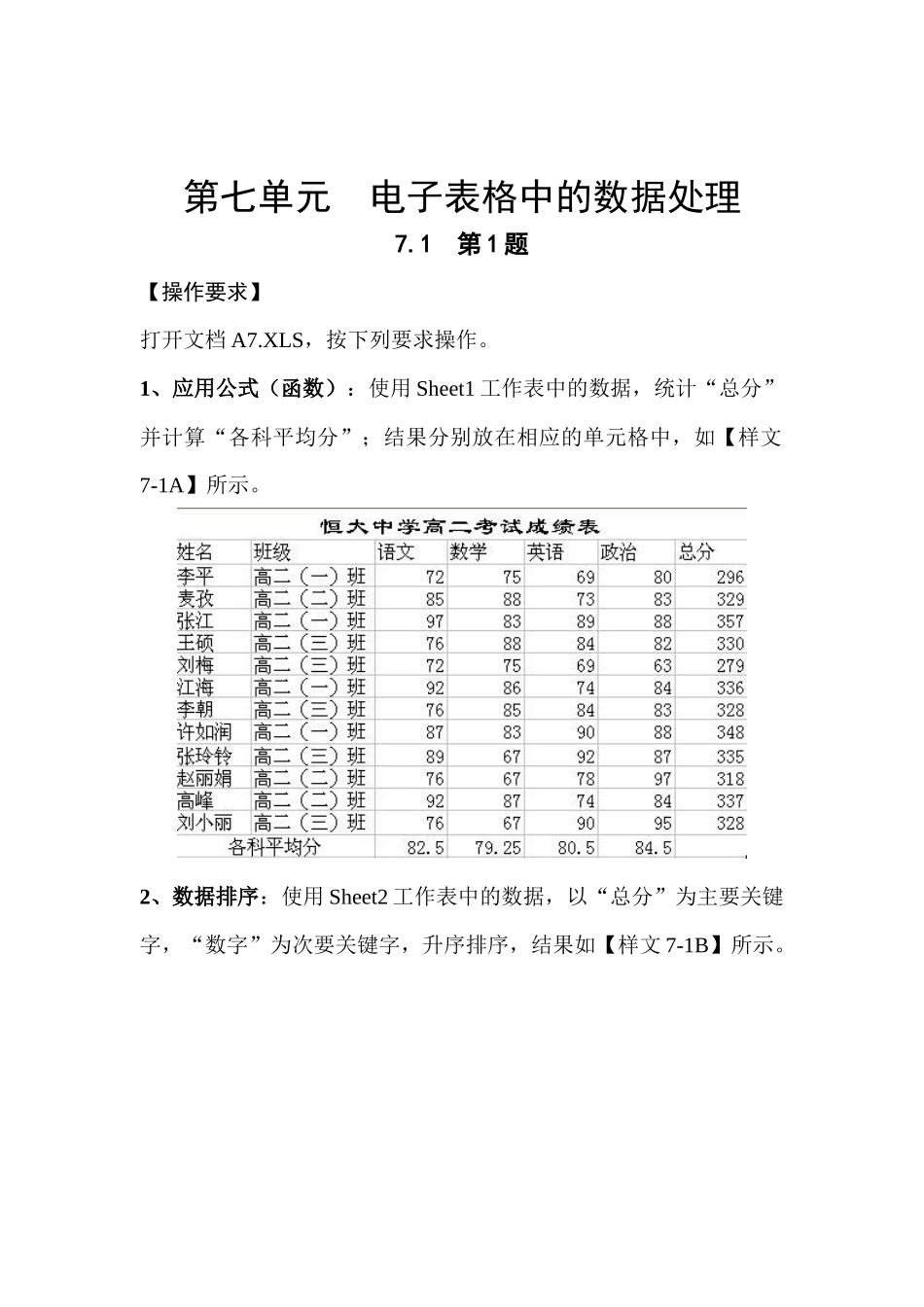第七单元电子表格中的数据处理_第1页