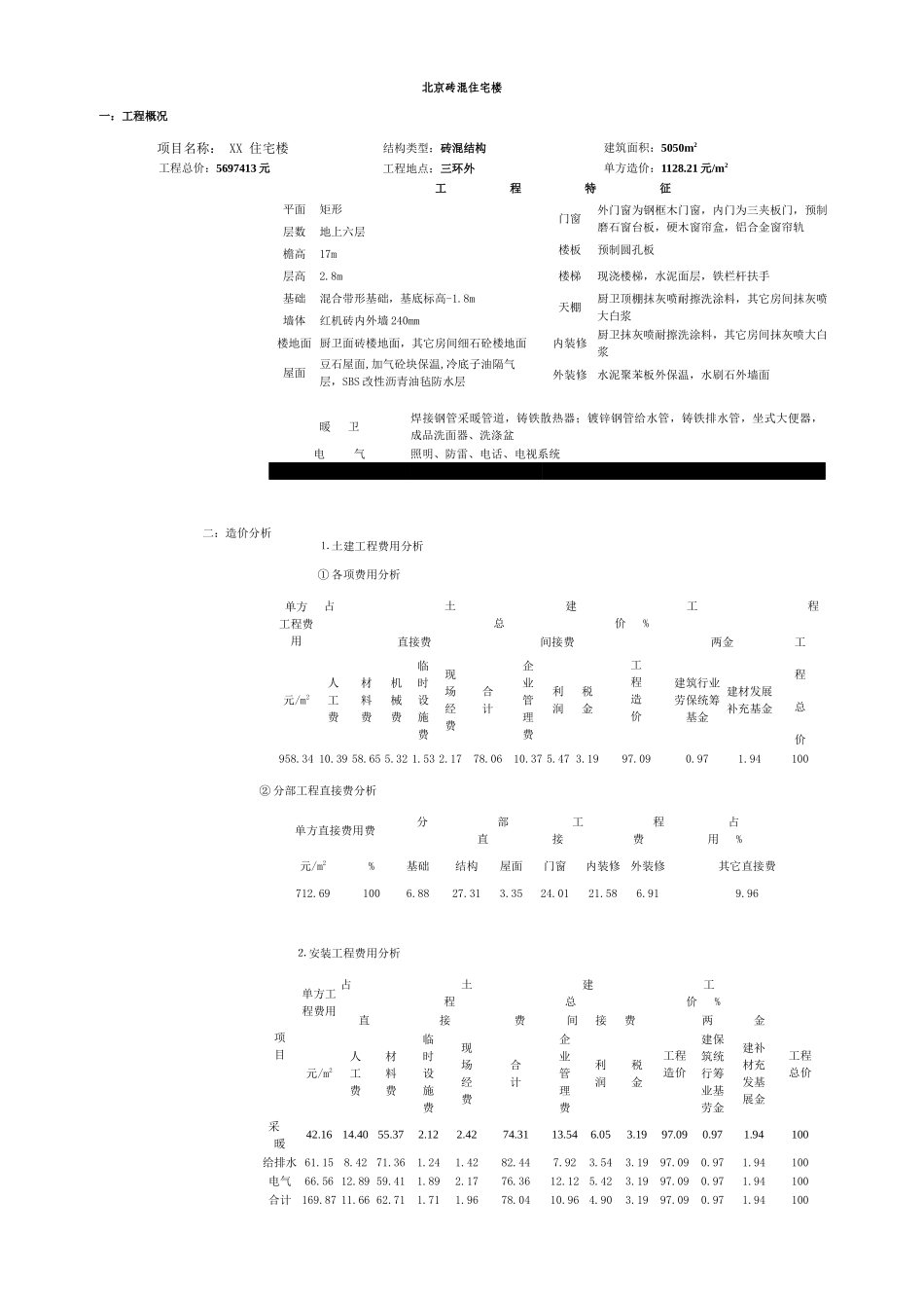 北京砖混住宅楼造价分析_第1页