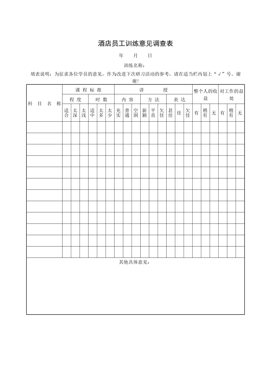 酒店员工训练意见调查表_第1页