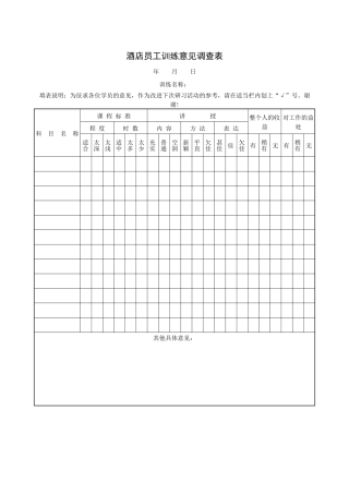 酒店员工训练意见调查表