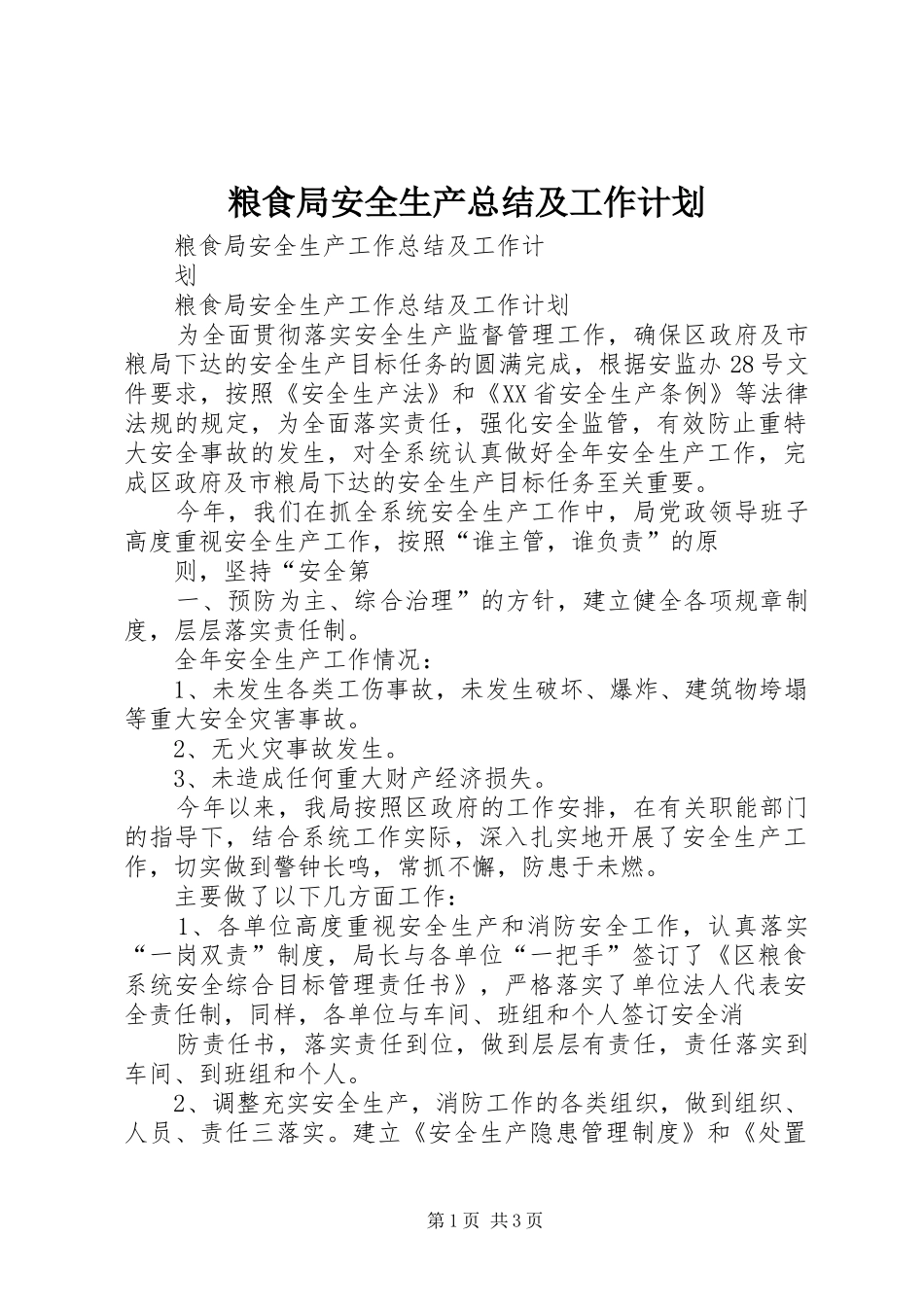 粮食局安全生产总结及工作计划 _第1页