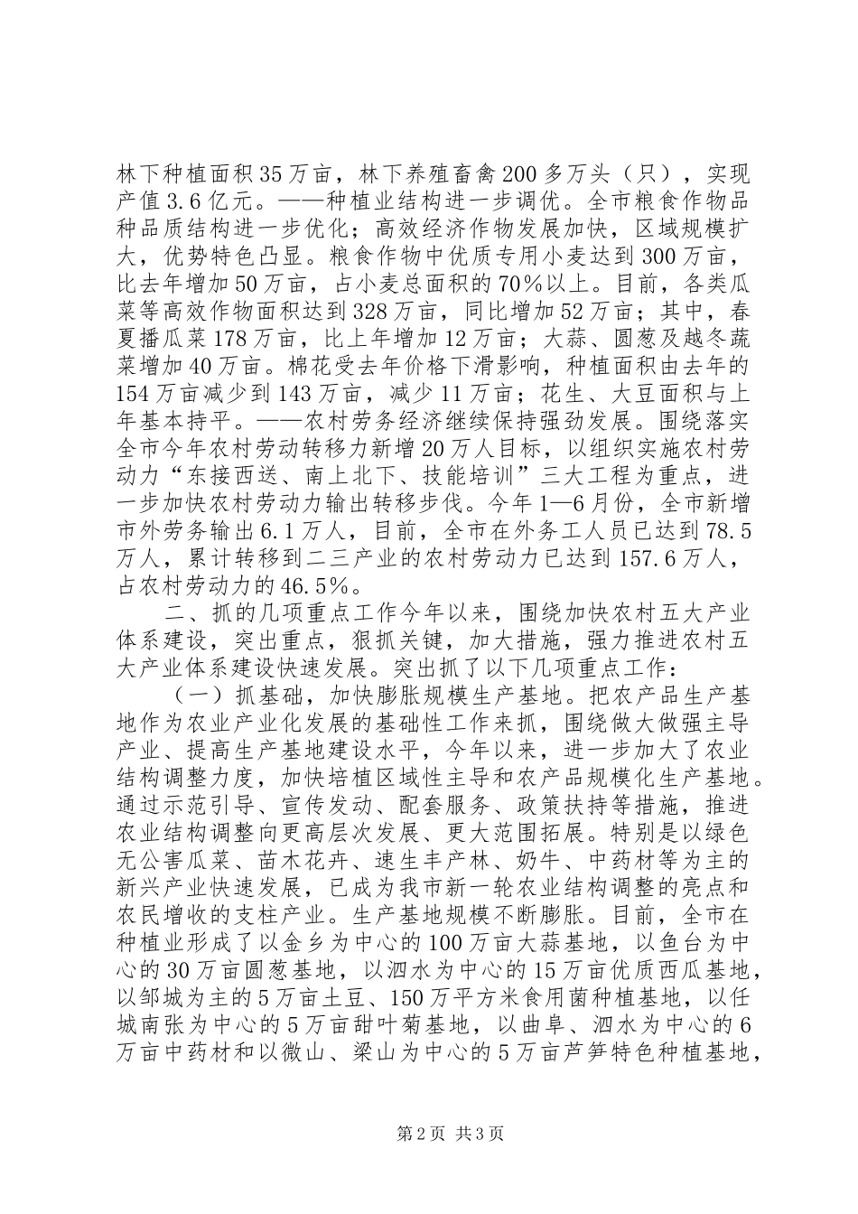 XX年上半年市农村五大产业体系建设情况总结及下半年工作安排 _第2页