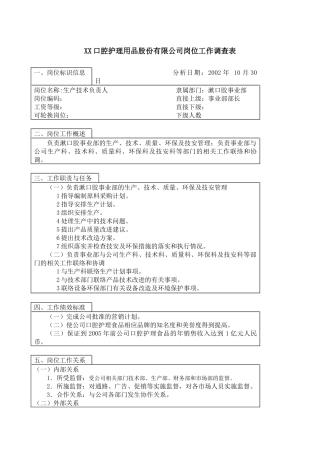 医药行业-漱口胶事业部-生产技术负责人岗位说明书