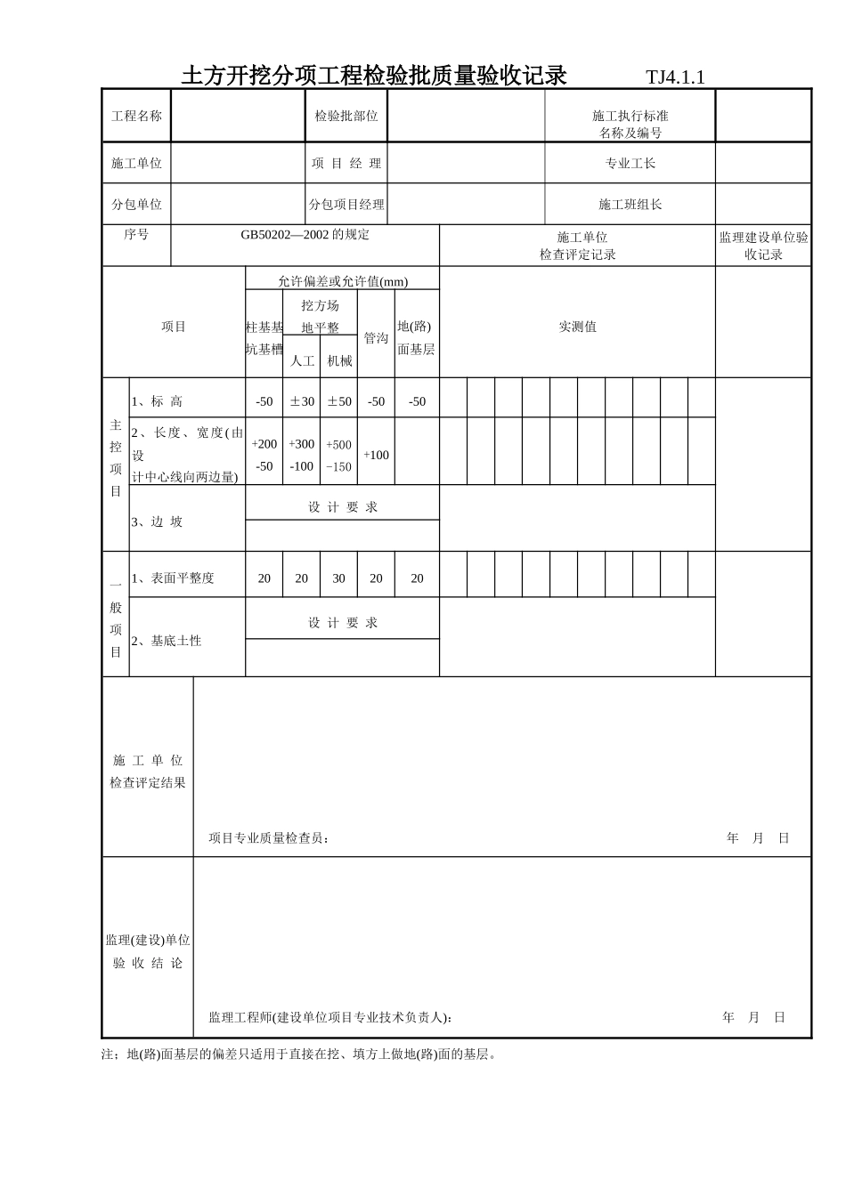 044 土方开挖分项工程检验批质量验收记录  Tj4-1-01_第1页