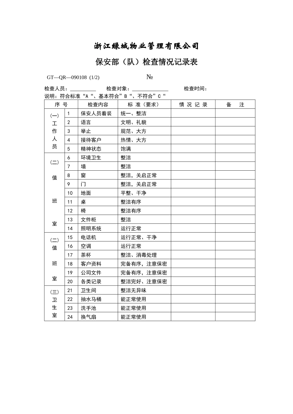 【房地产】保安部（队）检查情况记录表_第1页