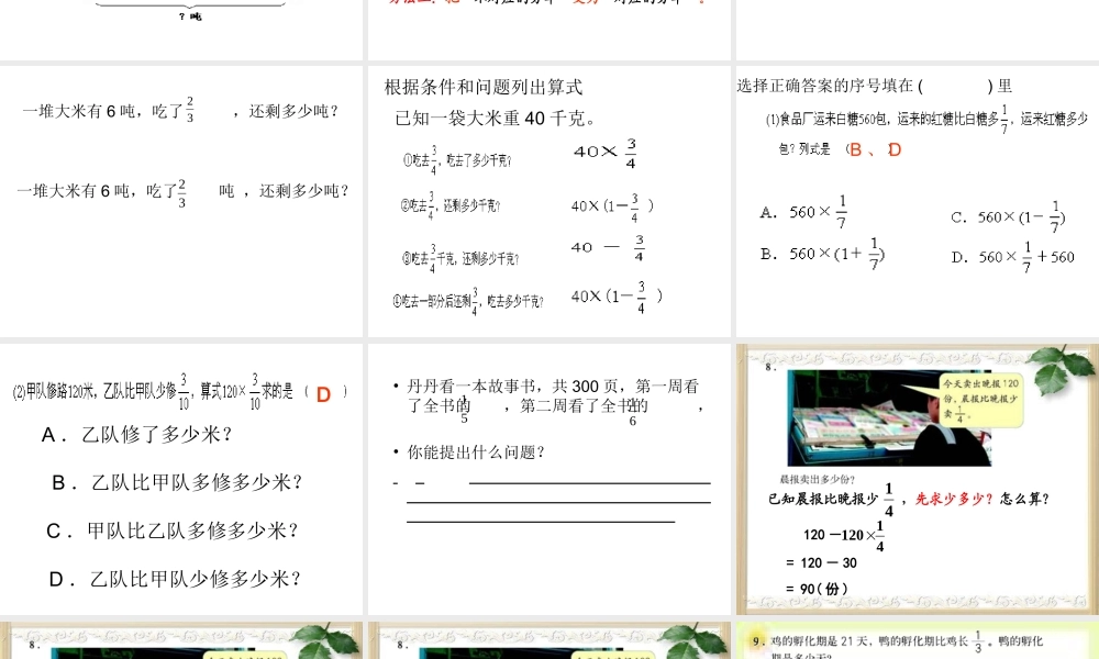 人教版六年级数学上册第二单元第八课时_稍复杂的分数乘法应用题(例2、例3)练习课