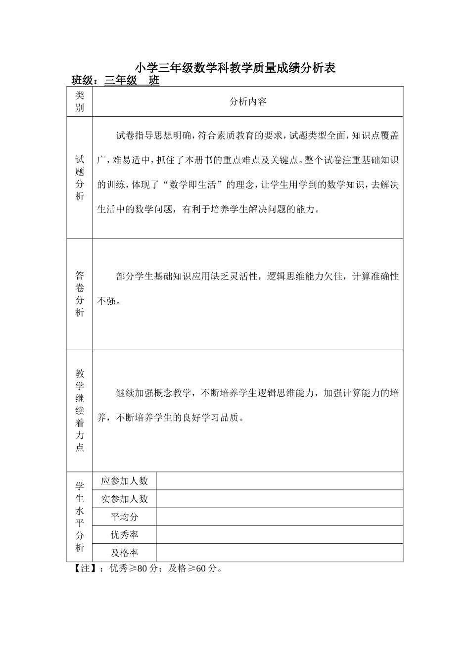 三年级数学科教学质量成绩分析表_第1页