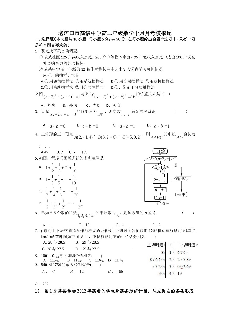 老河口市高级中学高二年级数学十月月考模拟题_第1页