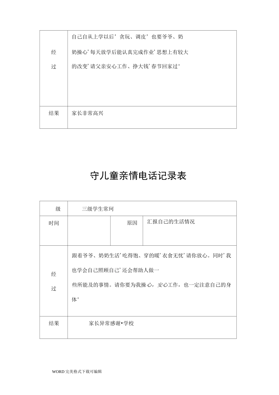 留守儿童亲情电话记录文本表_第2页