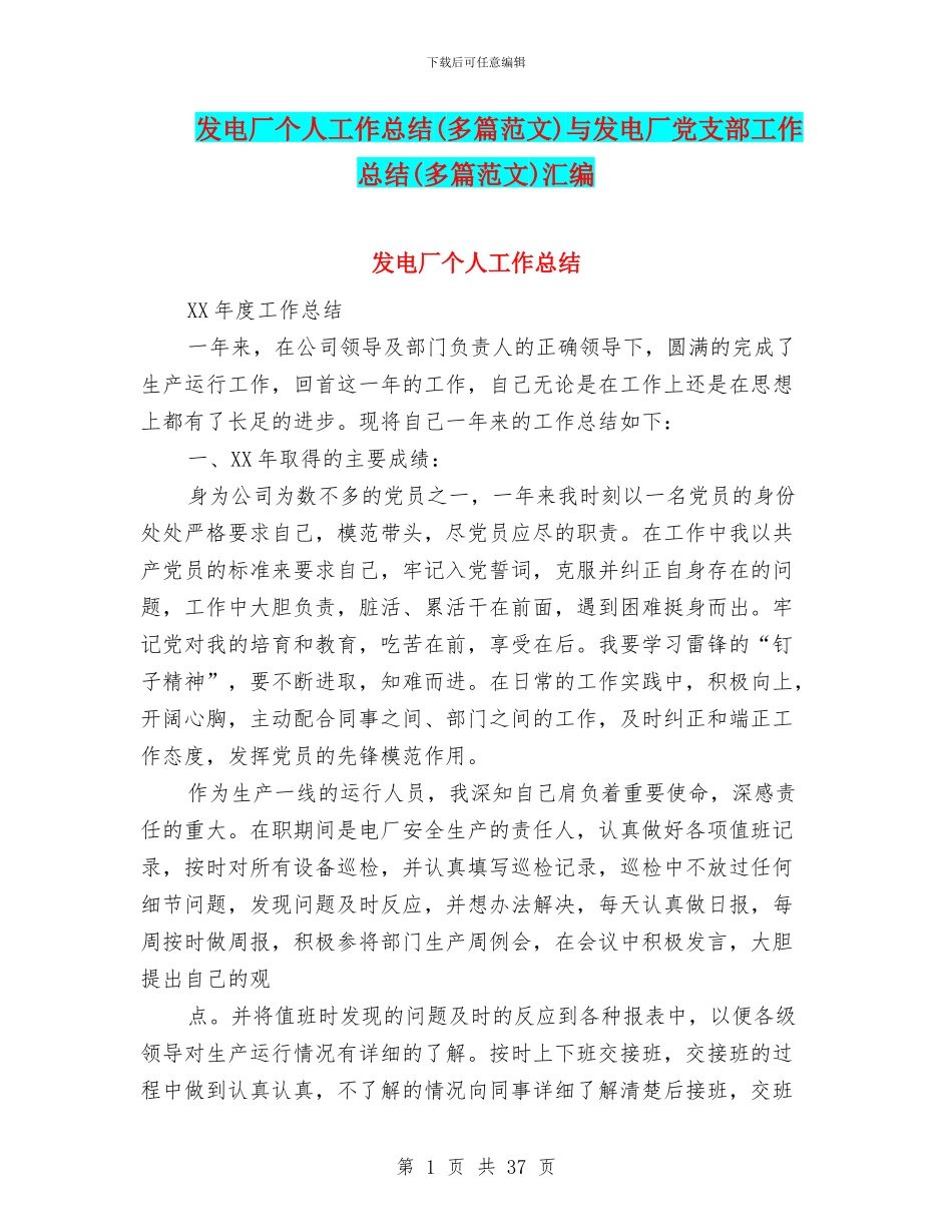 发电厂个人工作总结与发电厂党支部工作总结(多篇范文)汇编_第1页