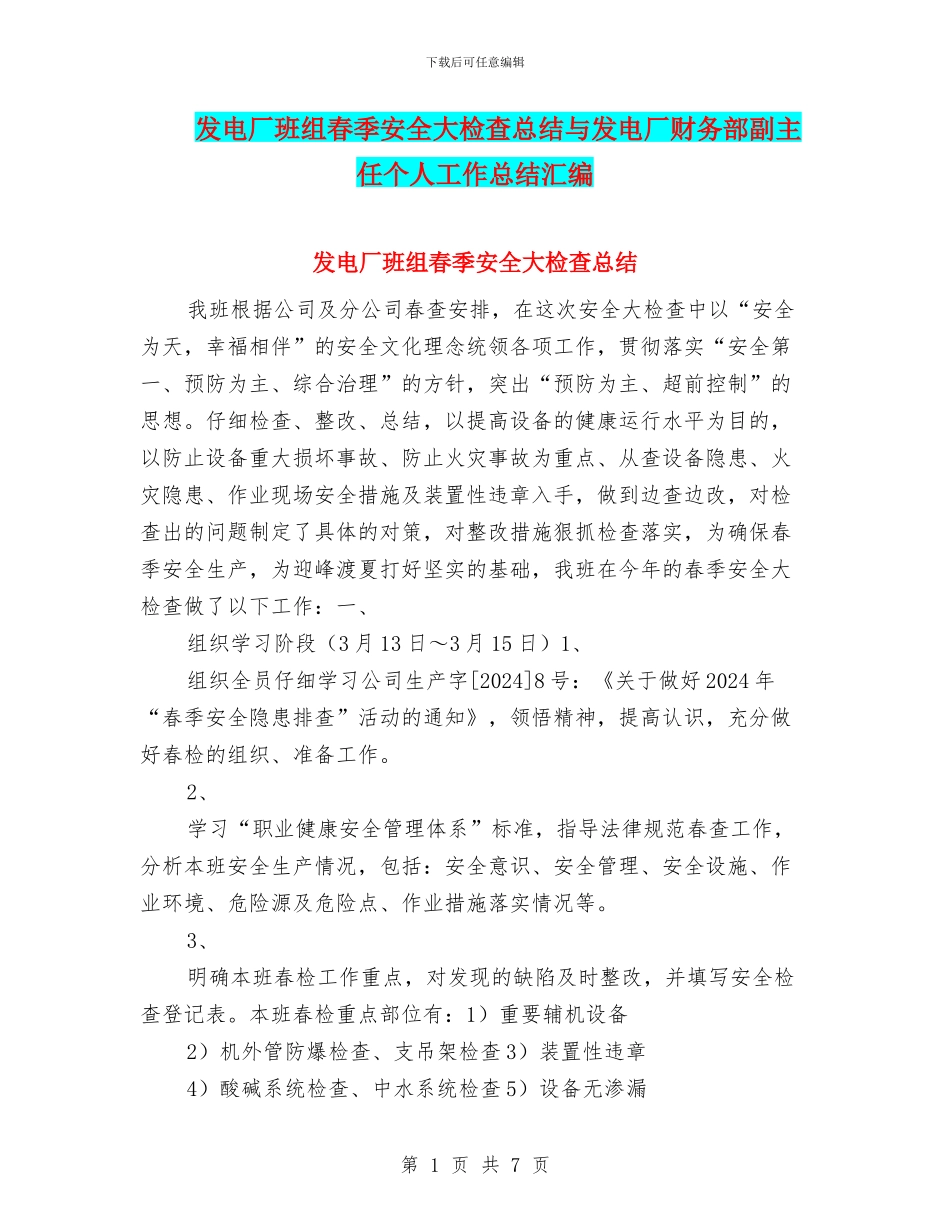 发电厂班组春季安全大检查总结与发电厂财务部副主任个人工作总结汇编_第1页