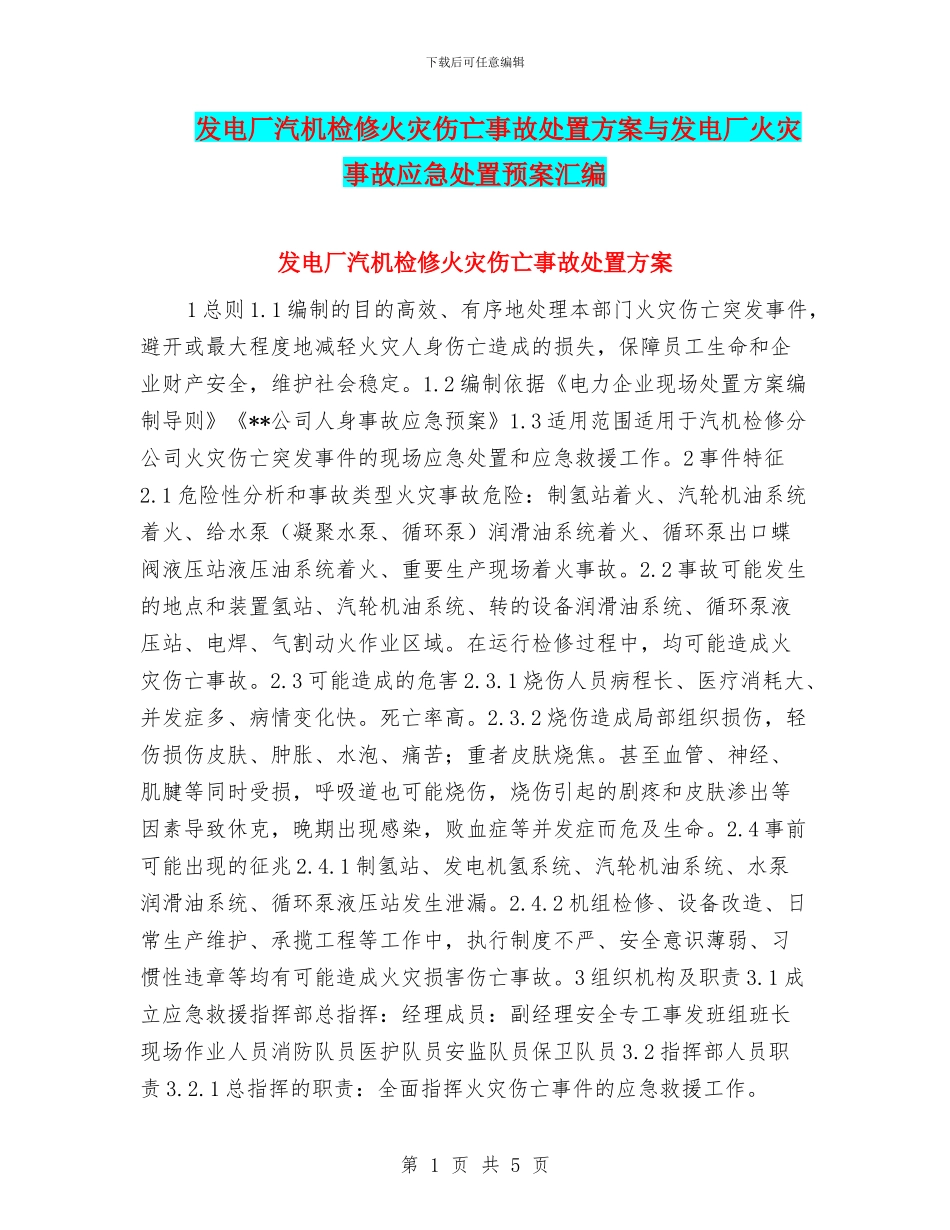 发电厂汽机检修火灾伤亡事故处置方案与发电厂火灾事故应急处置预案汇编_第1页