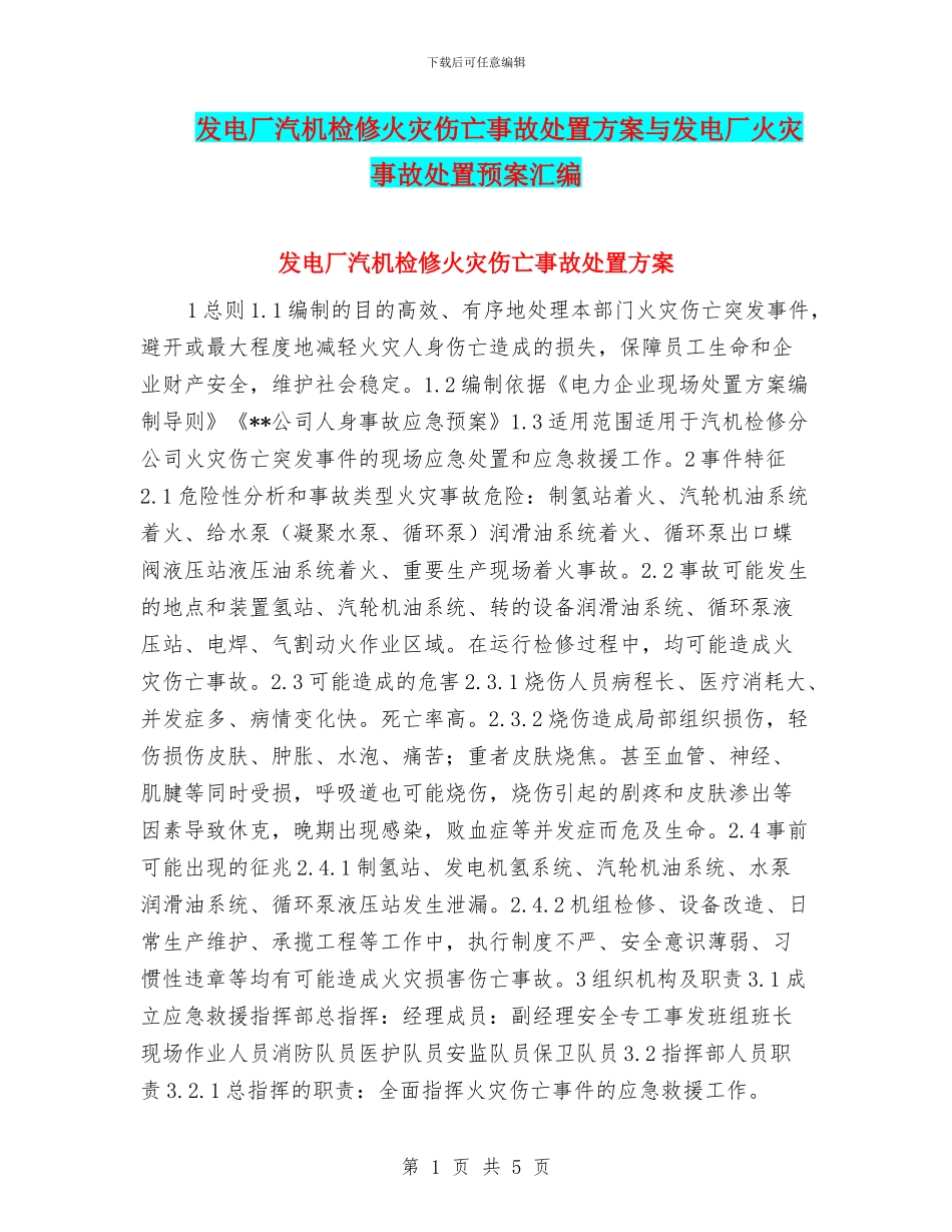 发电厂汽机检修火灾伤亡事故处置方案与发电厂火灾事故处置预案汇编_第1页