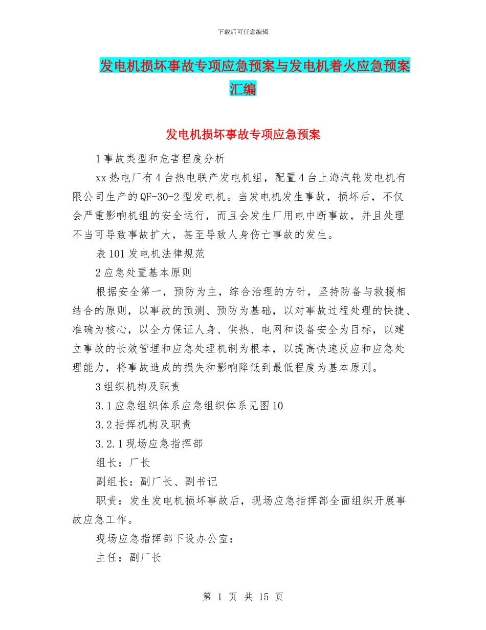 发电机损坏事故专项应急预案与发电机着火应急预案汇编_第1页
